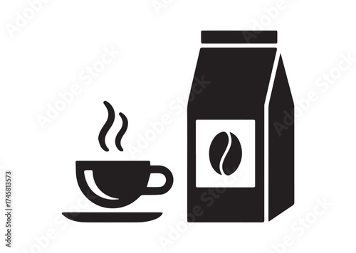 Cup of coffee and package icon, Cup of coffee and package solid vector design