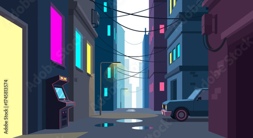 Neon-lit Alleyway with Arcade Machine and Classic Car.