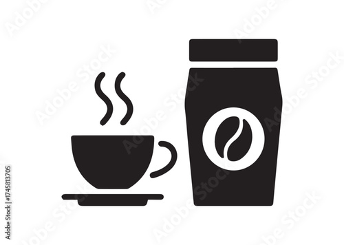 Cup of coffee and package icon, Cup of coffee and package solid vector design