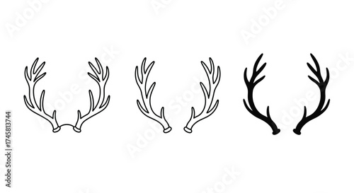 Four distinct black and white illustrations of deer antlers are shown