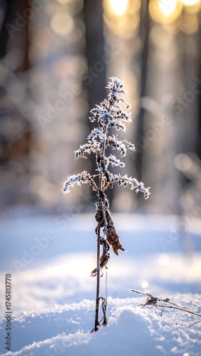 Frozen plant in winter sunlight
