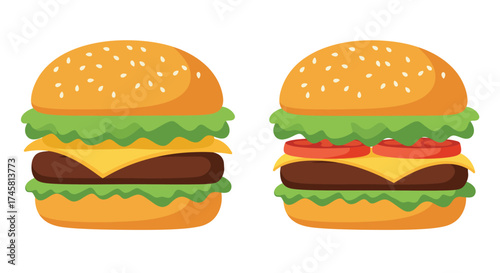 Two delicious cartoon burgers with cheese tomatoes and fresh green lettuce