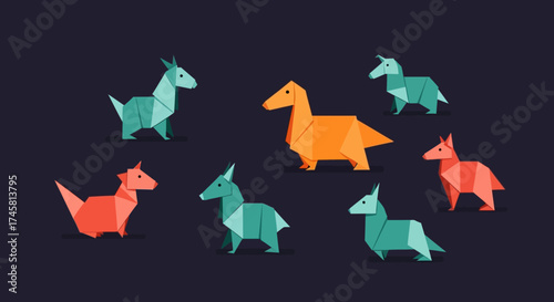 Origami Animals Collection Diverse Colors and Poses.