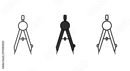 Three black and white drawing compasses presented in a simple line art style