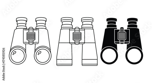 Black and white line art illustration of various binoculars styles
