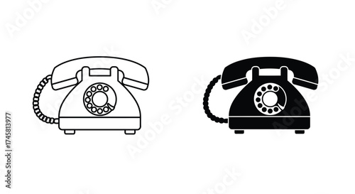 Vintage telephone icons presented in both outline and solid black styles