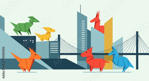 Origami Animals in a Stylized Cityscape.