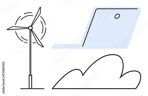 Wind turbine harnessing energy, laptop signifying modern technology, cloud representing storage. Ideal for sustainability, innovation, technology, renewable energy, digital transformation, clean