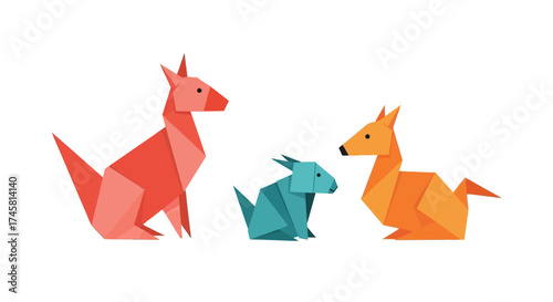 Origami Kangaroo Family in Geometric Style.