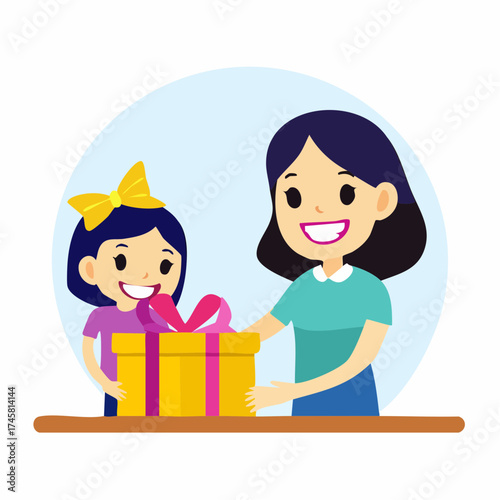 A mother and daughter are happily opening a brightly wrapped present together.