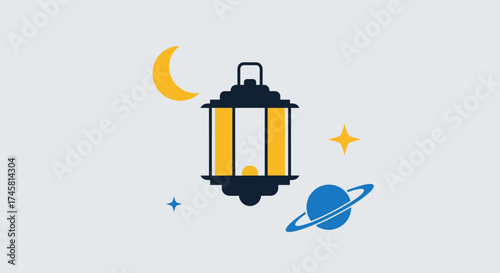 Ramadan lantern with crescent moon and stars, celebrating Islamic holy month.