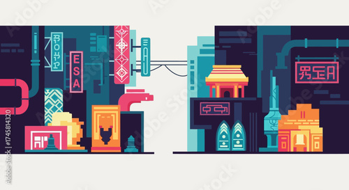 Pixelated cyberpunk city scene with neon signs and futuristic buildings.