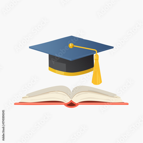 A blue graduation cap with a yellow tassel above an open book.