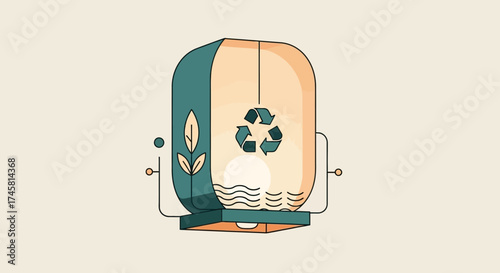 Recycling bin illustration with green and beige colors and a recycle symbol.