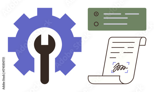 Wrench inside gear, signed document scroll, and checklist rectangle emphasize tasks, agreements, and systems. Ideal for workflow, maintenance, contracts, productivity organization systems simple