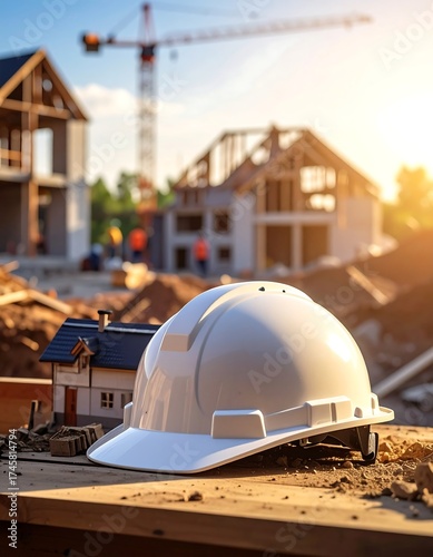 Hardhat, house model, and construction site