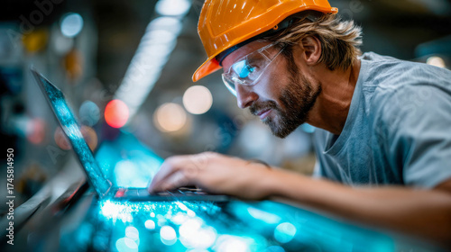 Focused engineer in a hard hat working on a laptop surrounded by factory lights and machinery