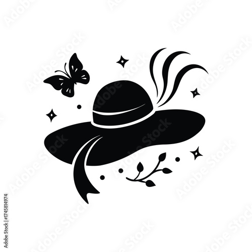 Floppy beach hat with ribbon black silhouette vector art illustration
