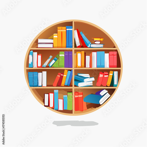 Round wooden bookshelf filled with colorful books of various sizes and orientations.