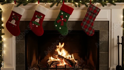 Festive Fireplace Ambiance: Cozy Christmas Scene with Stockings and Flickering Flames animation suitable for the holidays and winter seasonal