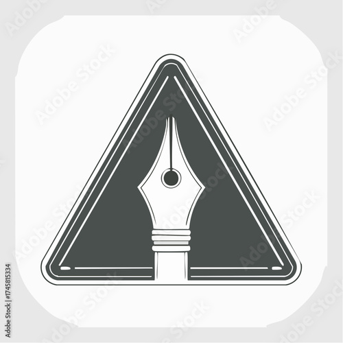 Stylized image of a fountain pen nib centered within a dark triangular warning sign.