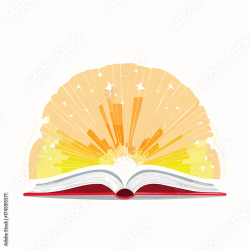 An open book with pages and a radiant, glowing sunburst illustration.