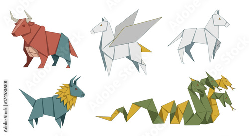 Set of origami mythical creatures including dragon pegasus and unicorn.