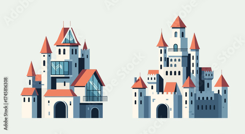 Set of two stylized fairytale castles with red roofs.