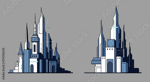 Set of two stylized fantasy castles with tall spires.
