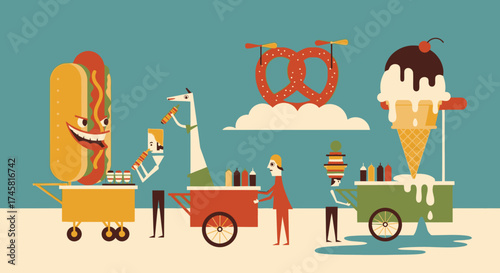 Street food vendors selling hot dogs ice cream and pretzels.