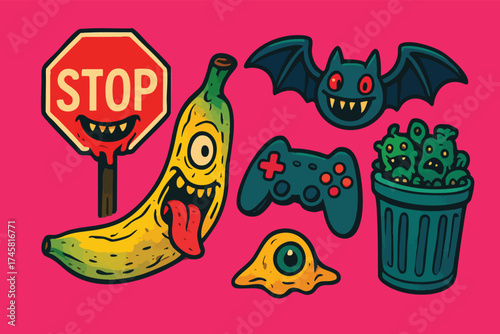 A vibrant and colorful illustration featuring a variety of stylized elements set against a bright pink background