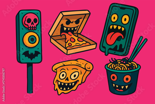 A colorful playful graphic composition featuring a variety of food and elements that can be used during nighttime