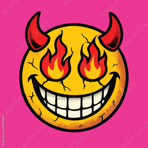 A stylized yellow smiley face with flames on two devil horns and a wide toothy grin with black outlines in vivid pink background