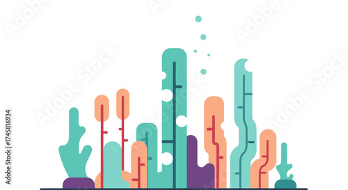Stylized Coral Reef Illustration with Teal, Orange, and Purple Accents.