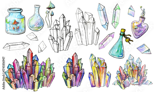 Magic elements set: crystals, mushrooms, potions. Presentation sheet with line art and watercolor versions.