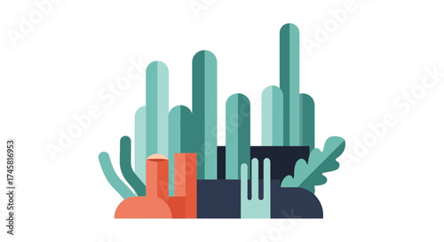 Stylized Coral Reef Illustration with Vibrant Colors and Geometric Shapes.