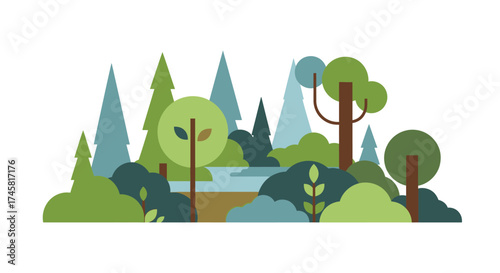 Stylized Forest Landscape with Geometric Trees and Bushes.