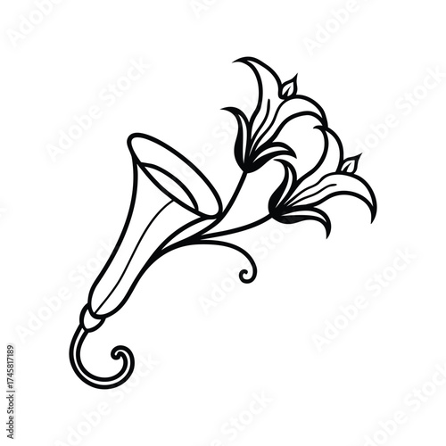 Vine of exotic trumpet blooms curling ornamental floral design vector art illustration