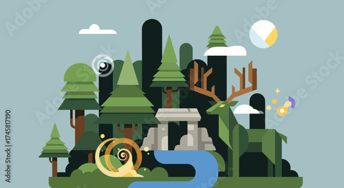 Stylized Forest Landscape with Ancient Stone Structure and Abstract Elements.