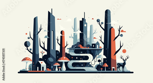Stylized Futuristic Cityscape with Whimsical Forest Elements Illustration.