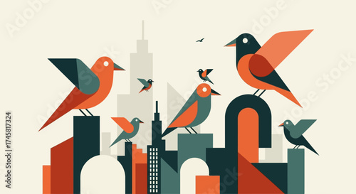Stylized Geometric Birds Perched on Abstract City Buildings.