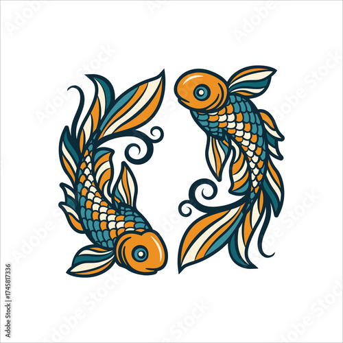 Hand-drawn Pisces zodiac sign illustration with two stylized fish forming a circular flow in vivid tones. Perfect for astrology, balance, and spiritual artwork. Part of set.