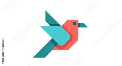 Stylized geometric origami bird flying on a white background.