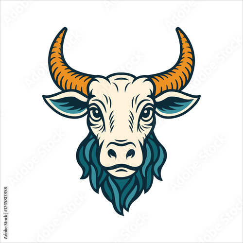 Hand-drawn Taurus zodiac sign illustration featuring a stylized bull head with horns and bold lines. Ideal for astrology, tattoo, or decorative design projects. Part of set.