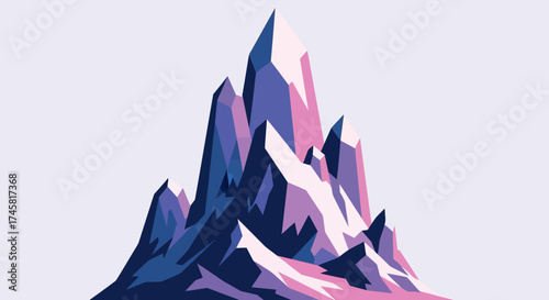 Stylized geometric mountain range in purple and blue hues.