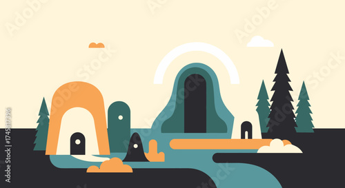 Stylized Igloos and Natural Landscape Illustration.