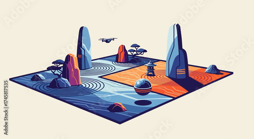 Stylized Japanese rock garden with vibrant colors and abstract elements.