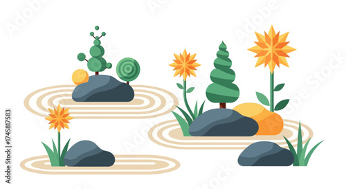 Stylized Japanese Zen Garden with Rocks, Plants, and Flowers.