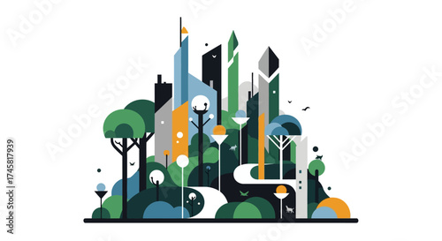 Stylized vector illustration of a futuristic green city skyline.