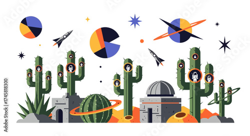 Surreal Cosmic Desert Landscape with Cacti and Planets.